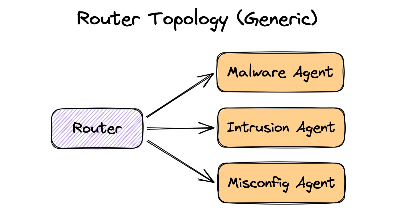 Router topology (generic) — Router with conditional edges to Malware Agent, Intrusion Agent, and Misconfig Agent