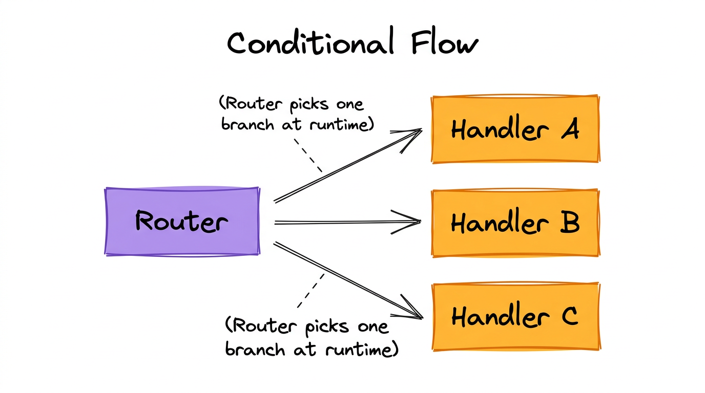 Conditional flow — Router picks one of Handler A, B, or C