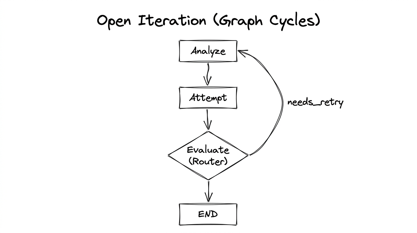 Open iteration — Analyze → Attempt → Evaluate (Router), with loop back or exit to END