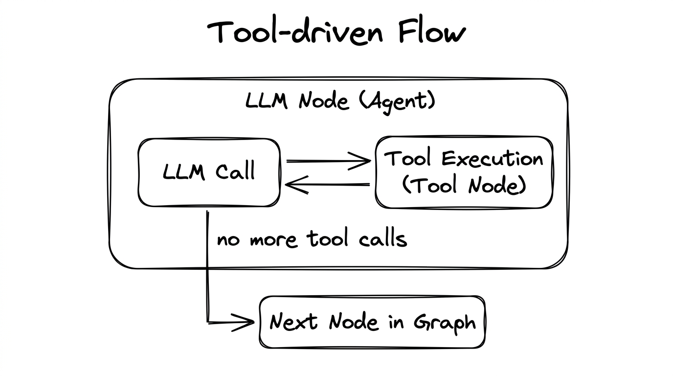 Tool-driven flow — LLM Node with internal loop to Tool Execution, then to Next Node