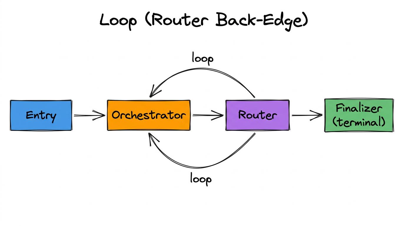 Canonical loop pattern — Entry → Orchestrator → Router, with back-edge to Orchestrator (retry) or exit to Finalizer (done)