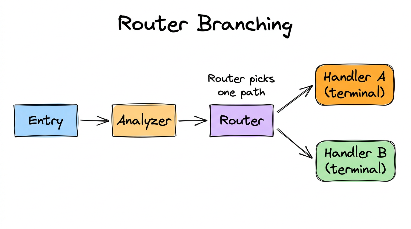 Router branching — Entry → Analyzer → Router → Handler A or Handler B (terminal)